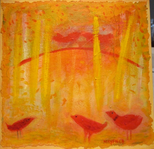 Five Red Birds, 12"x12", mixed media / handmade paper on panel, ©Barbara Mayfield 2014