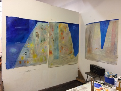 The first Land of Enchantment paintings on display for an open studio day.