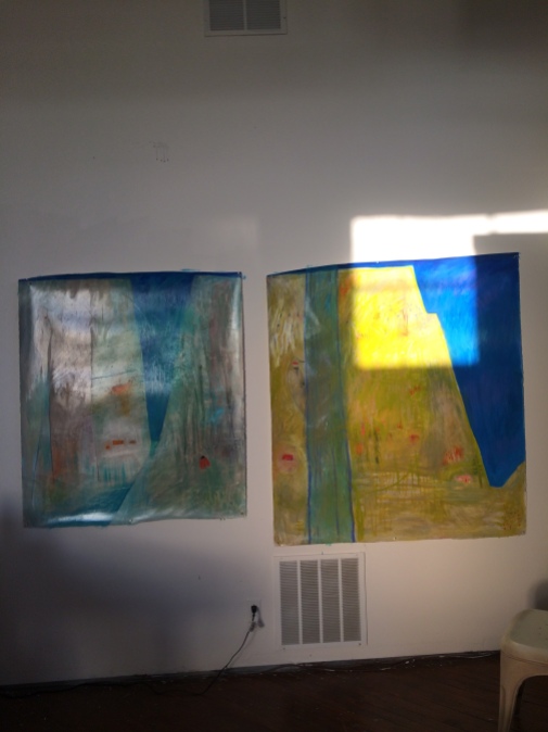 Land of Enchantment paintings on display for an open studio day.